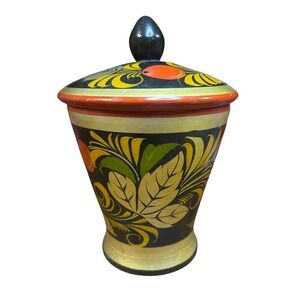 Vintage Khokhloma Wood Canister with Lid Traditional Russian Folk Art